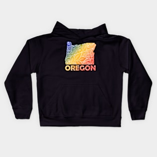 Colorful mandala art map of Oregon with text in blue, yellow, and red Kids Hoodie